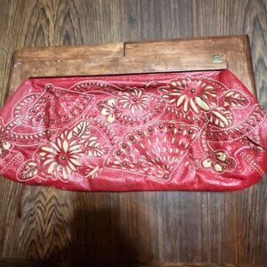 Rare Vintage RAFÉ Red Cut Out Leather Clutch with Wooden Handle